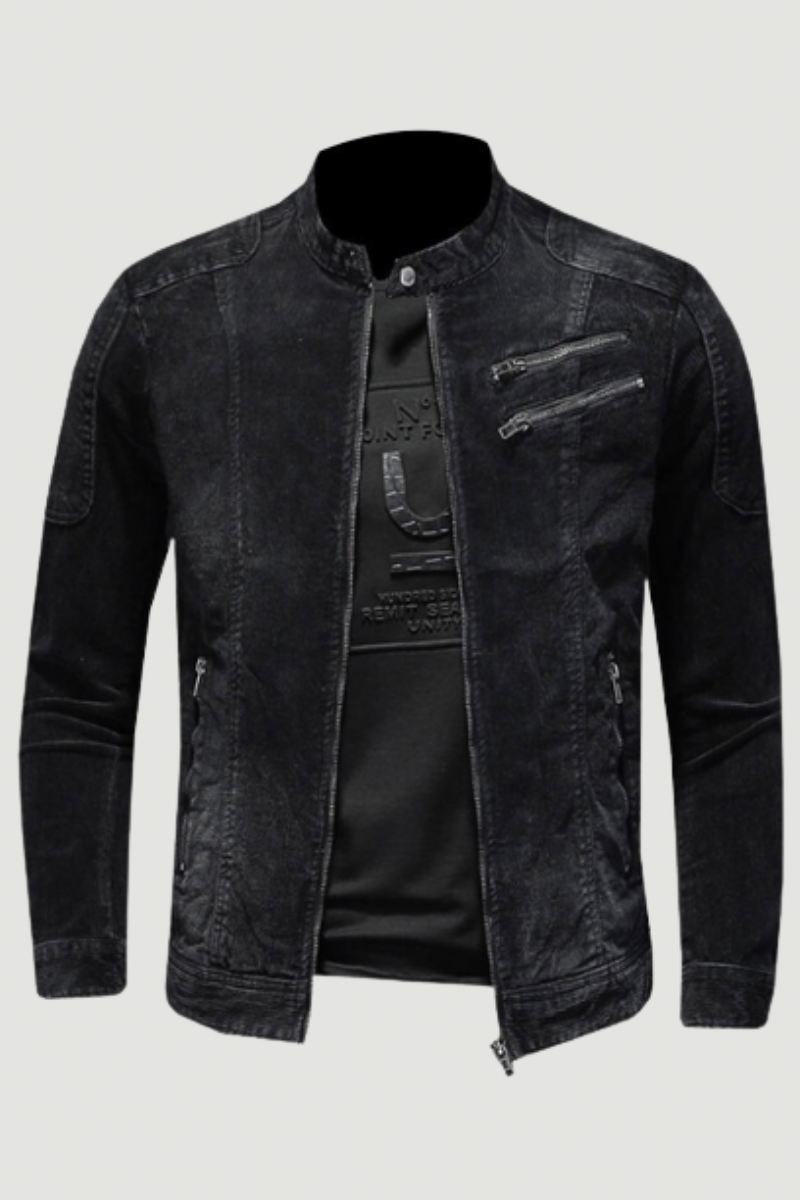 Sztruksowa Kurtka Jeansowa Męski Płaszcz Dżinsowy Bomber Stojak Motocyklowy Z Kołnierzem Z Długim Rękawem Slim Street Black Cowboy Outwear