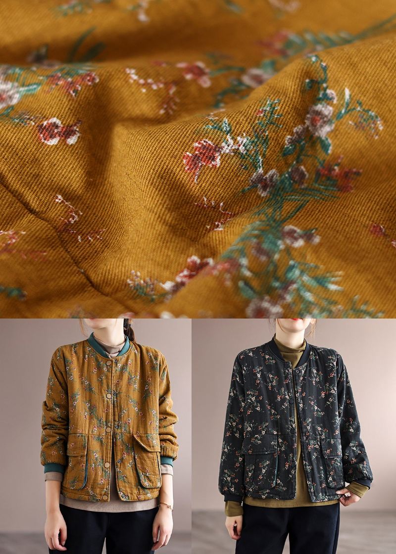 Boho Czarne Nadrukowane Kieszenie Patchworkowe Cienkie Bawełniane Kurtki Zimowe - Kurtki puchowe damskie