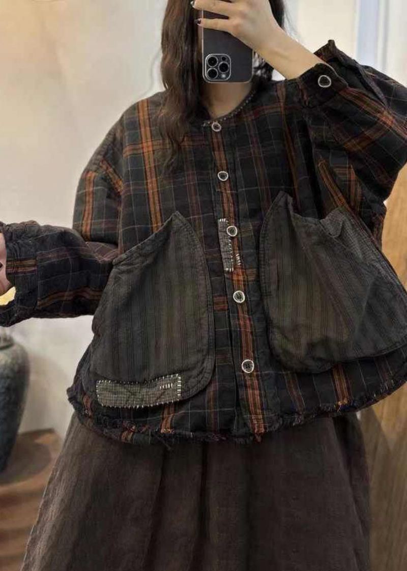 Casualowa Czarna Brązowa Krata Oversize Patchworkowy Duże Kieszenie Cienki Płaszcz Zimowy Wypełniony Bawełną - Kurtki puchowe damskie