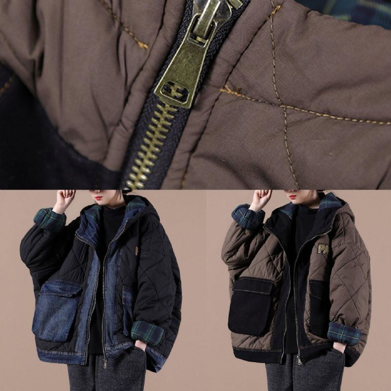 Casualowy Oversize'owy Ciepły Płaszcz Zimowy Z Kapturem Patchworkową Czekoladową Kratą Parki Dla Kobiet - Czarna