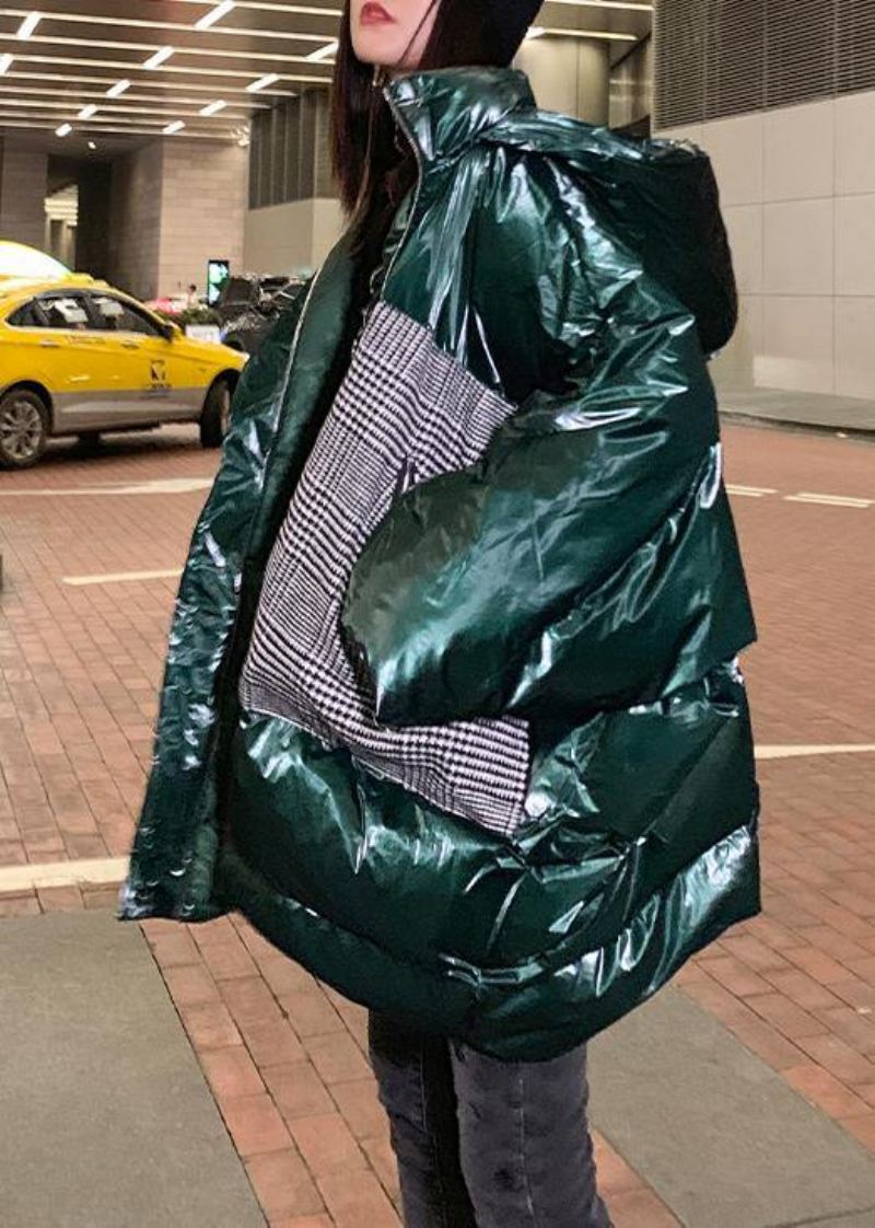 Ciepłe Zielone Patchworkowe Zimowe Parki Typu Oversize Kurtka Puchowa Płaszcz Z Kapturem - Zielony