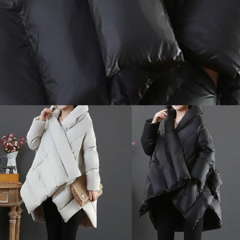 Elegancki Jasnoszary Płaszcz Gęsi Puchowy Plus Size Kurtki Śnieżne Z Kapturem Asymetryczne Ciepłe Płaszcze - Jasnoszary