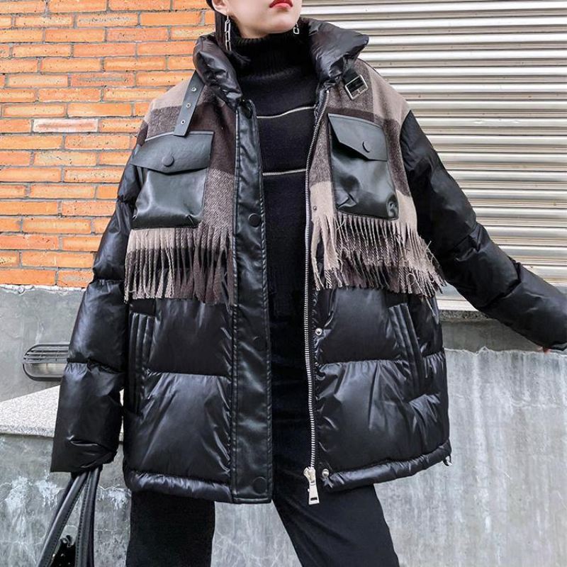 Eleganckie Kurtki Śniegowe Plus Size Płaszcze Zimowe Czarny Patchworkowy Płaszcz Z Klapami W Kratę
