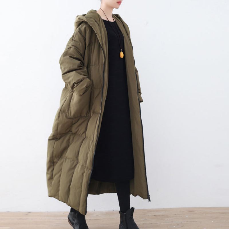Gruby Czarno-zielony Puffers Kurtki Odzież Plus Size Płaszcz Puchowy Casualowy Z Kapturem Ciepły - Czarniawo-Zielony