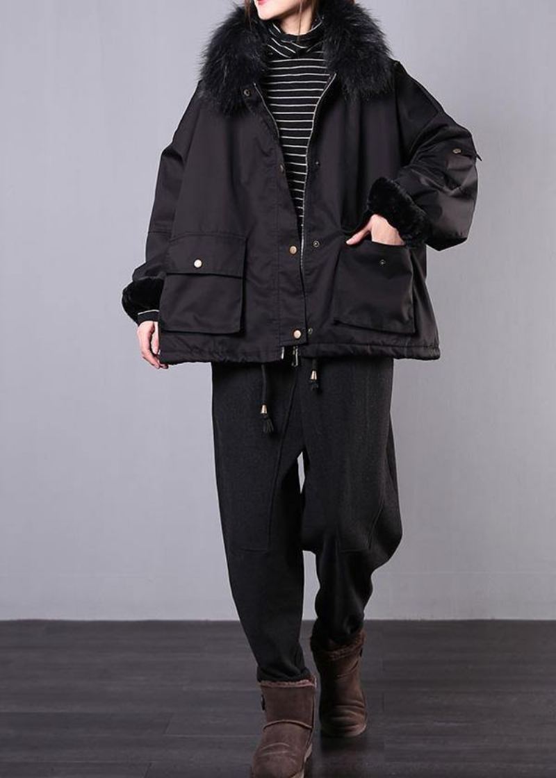 Gruby Czarny Strój Casual Oversize Kurtki Płaszcze Kieszenie Płaszcz Z Kołnierzem Ze Sztucznego Futra - Czarny