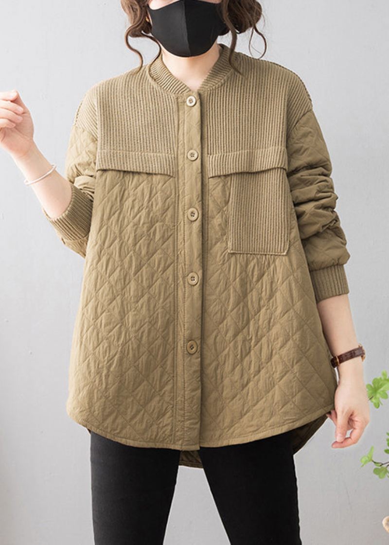Khaki Niski Wysoki Design Patchworkowy Cienki Bawełniany Płaszcz Ze Stójką Zimowy - Kurtki puchowe damskie