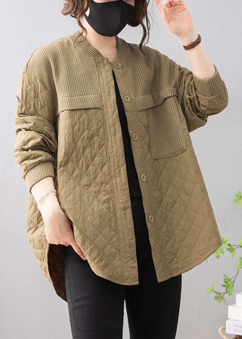 Khaki Niski Wysoki Design Patchworkowy Cienki Bawełniany Płaszcz Ze Stójką Zimowy - Kurtki puchowe damskie