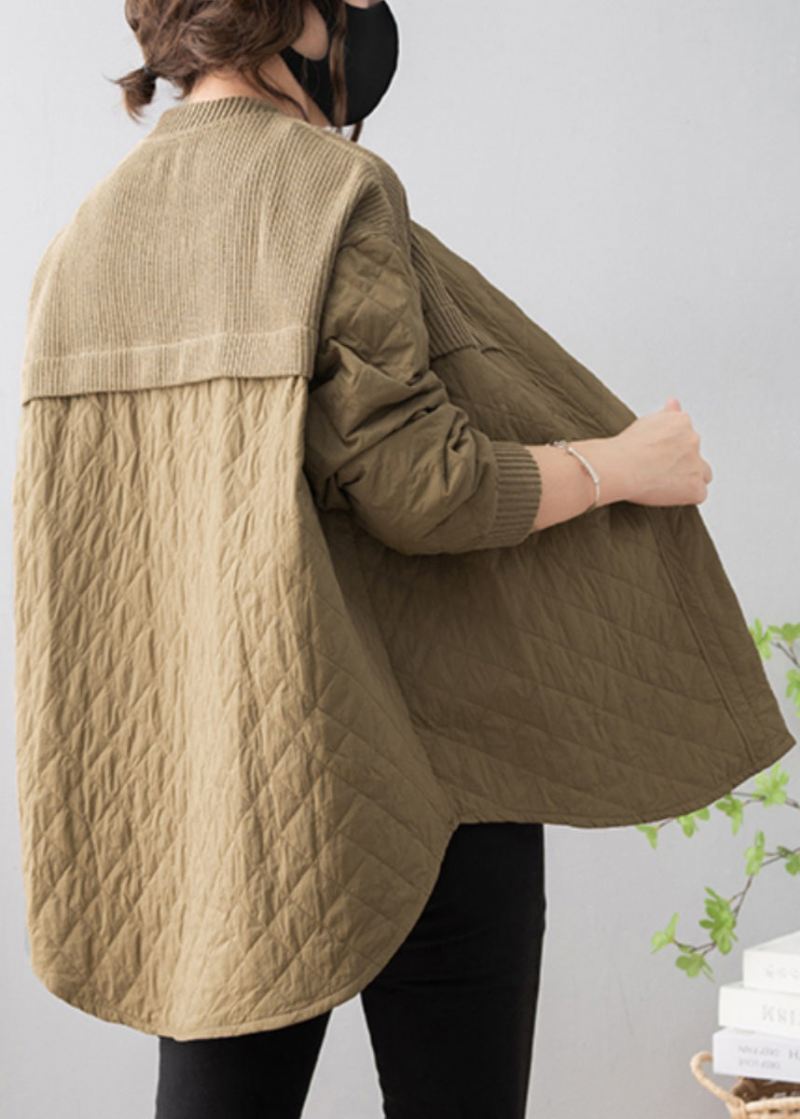 Khaki Niski Wysoki Design Patchworkowy Cienki Bawełniany Płaszcz Ze Stójką Zimowy - Kurtki puchowe damskie