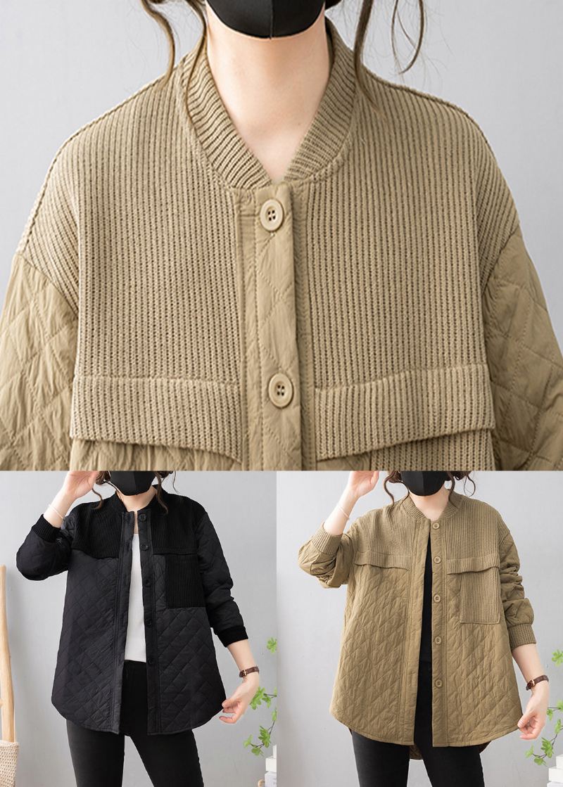 Khaki Niski Wysoki Design Patchworkowy Cienki Bawełniany Płaszcz Ze Stójką Zimowy - Kurtki puchowe damskie
