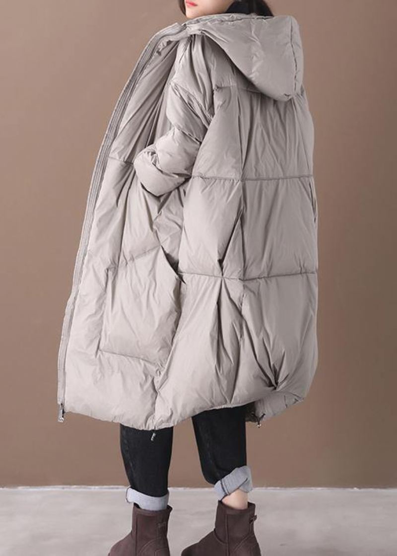 Kurtki Śnieżne 2024 Plus Size Szary Z Kapturem I Kieszeniami Płaszcz Z Gęsiego Puchu - Kurtki puchowe damskie