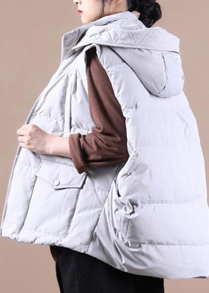 Nowe Kurtki Śniegowe Plus Size Jasnoszare Kieszenie Ze Stójką Kamizelka Z Kaczego Puchu - Jasnoszary