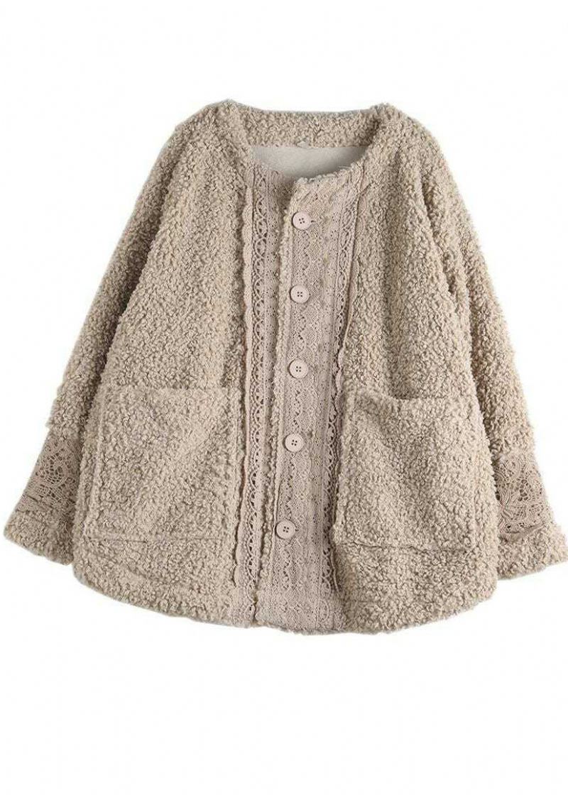 Plus Size Khaki Koronkowa Patchworkowa Parka Ze Sztucznego Futra W Kolorze Zimowa - Kurtki puchowe damskie