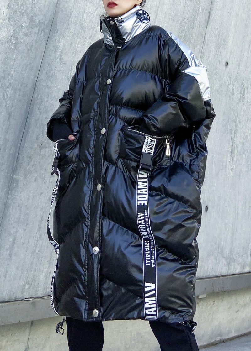 Plus Size Kurtka Puchowa Z Wysokim Dekoltem Płaszcze Zimowe Czarna Patchworkowa Damska Parka - Kurtki puchowe damskie