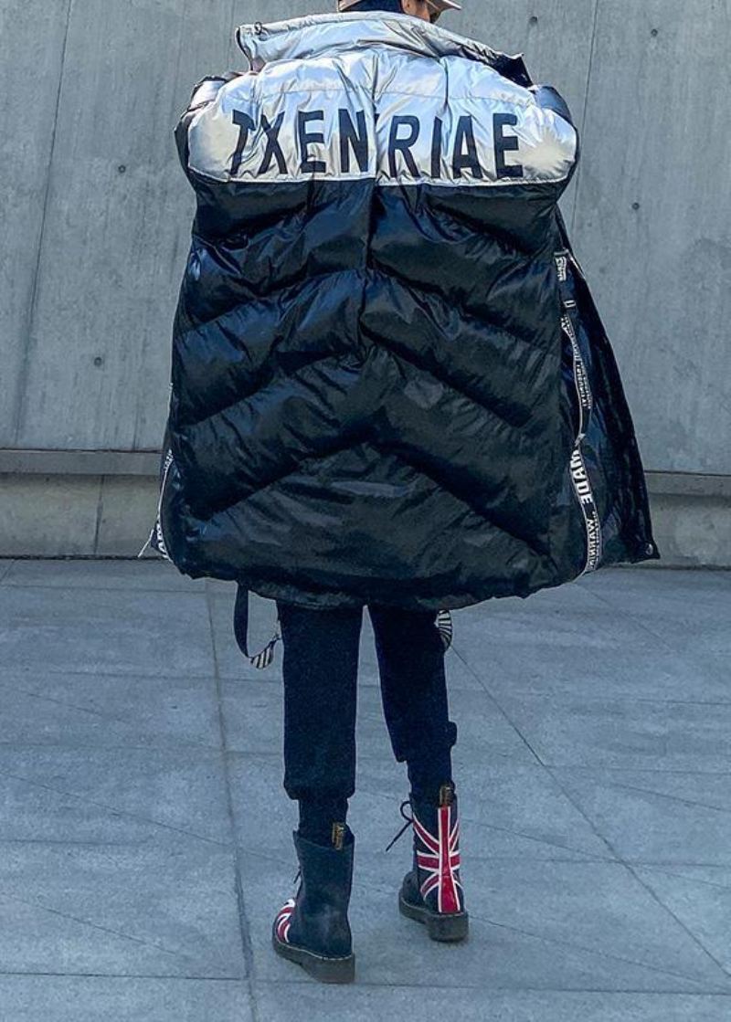 Plus Size Kurtka Puchowa Z Wysokim Dekoltem Płaszcze Zimowe Czarna Patchworkowa Damska Parka - Kurtki puchowe damskie