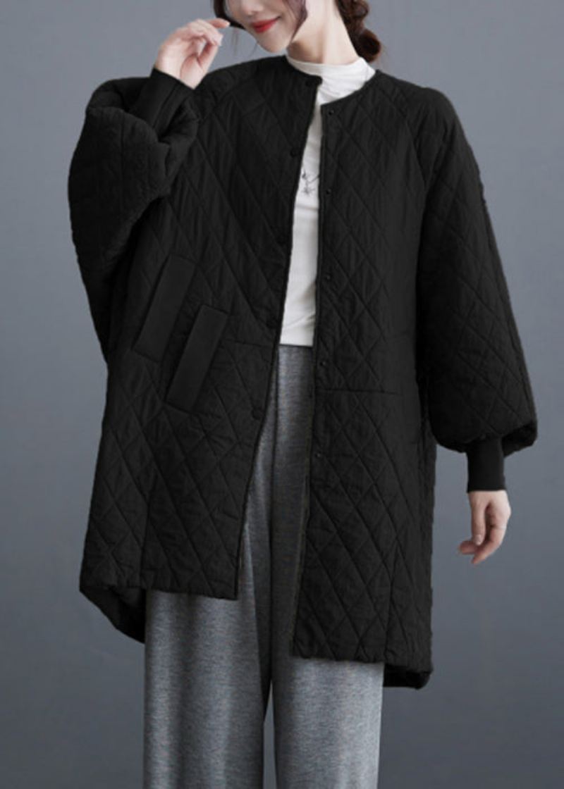 Plus Size Oliwkowo-zielone Kieszenie Zapinane Na Guziki Parka Z Bawełnianym Wypełnieniem Rękaw W Kształcie Skrzydła Nietoperza - Kurtki puchowe damskie