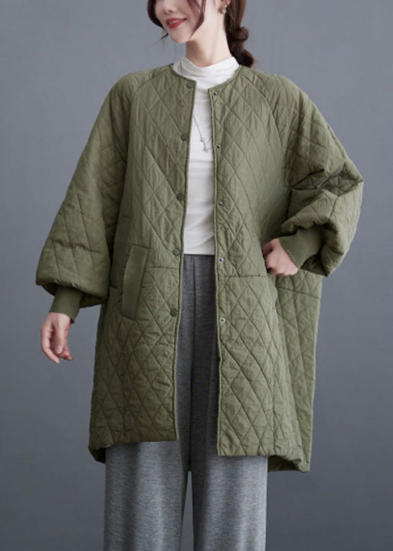 Plus Size Oliwkowo-zielone Kieszenie Zapinane Na Guziki Parka Z Bawełnianym Wypełnieniem Rękaw W Kształcie Skrzydła Nietoperza - Kurtki puchowe damskie