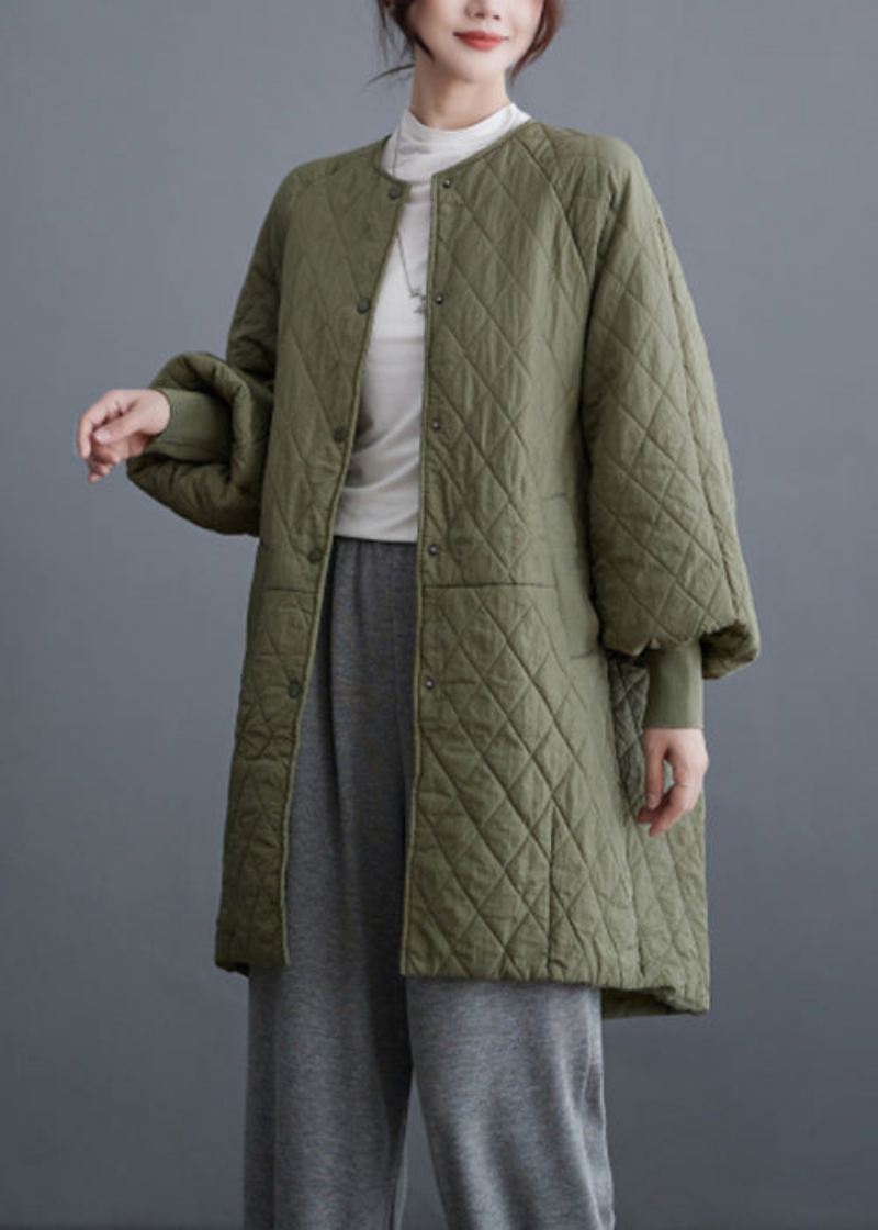 Plus Size Oliwkowo-zielone Kieszenie Zapinane Na Guziki Parka Z Bawełnianym Wypełnieniem Rękaw W Kształcie Skrzydła Nietoperza - Kurtki puchowe damskie