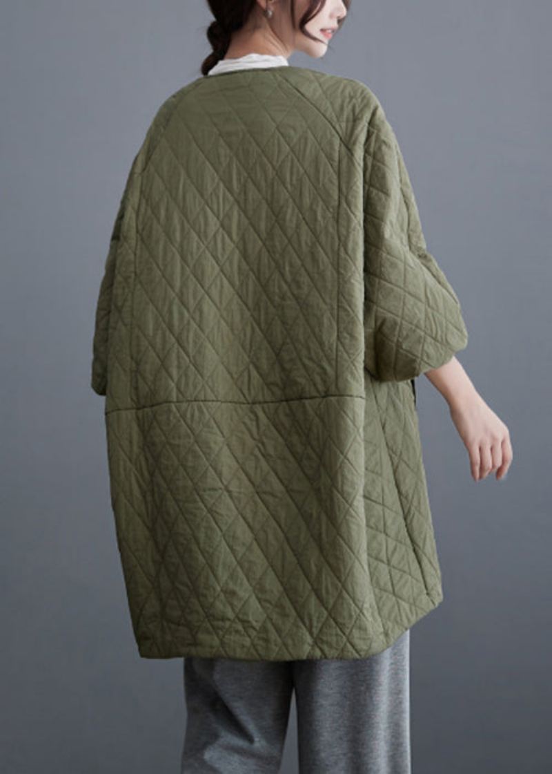 Plus Size Oliwkowo-zielone Kieszenie Zapinane Na Guziki Parka Z Bawełnianym Wypełnieniem Rękaw W Kształcie Skrzydła Nietoperza - Kurtki puchowe damskie