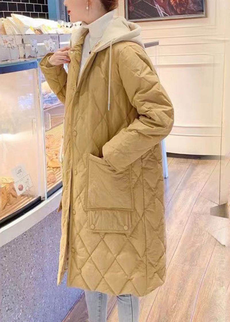 Plus Size Żółte Kieszenie Patchworkowa Parka Z Kapturem I Sznurkiem Z Długim Rękawem
