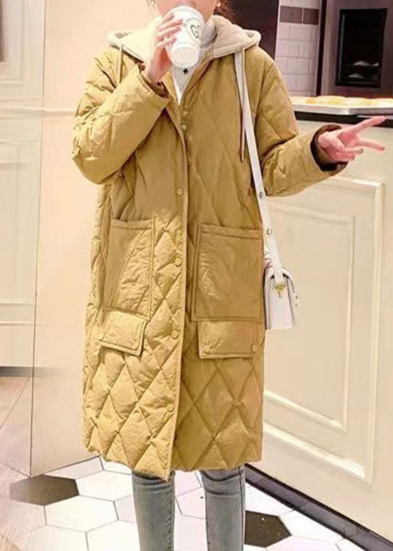 Plus Size Żółte Kieszenie Patchworkowa Parka Z Kapturem I Sznurkiem Z Długim Rękawem - Żółty