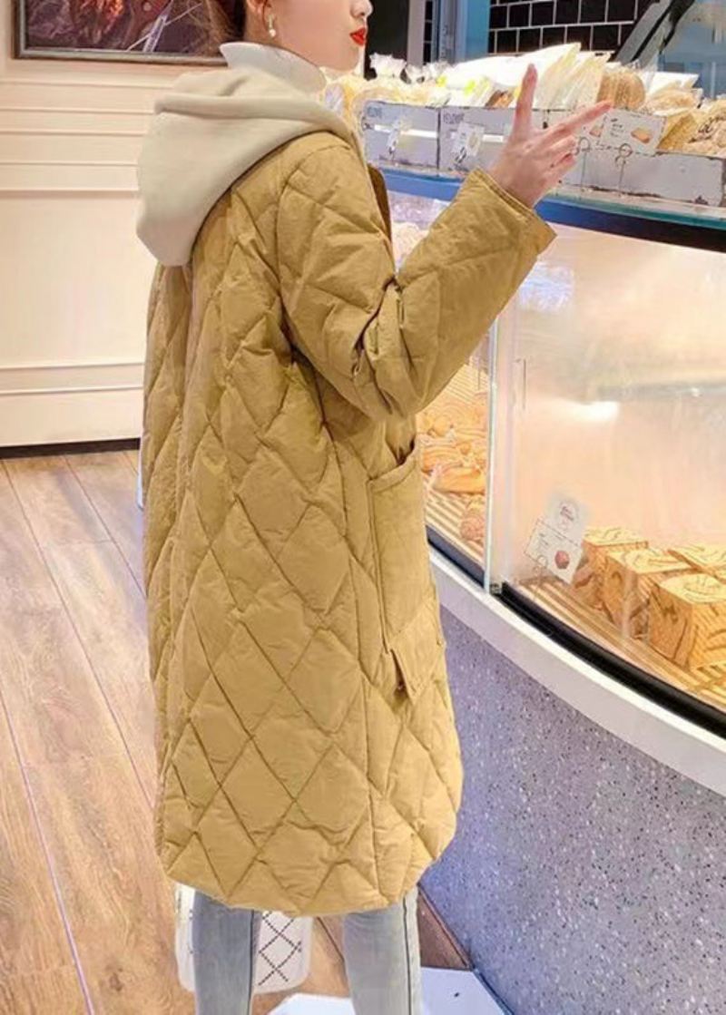 Plus Size Żółte Kieszenie Patchworkowa Parka Z Kapturem I Sznurkiem Z Długim Rękawem - Żółty