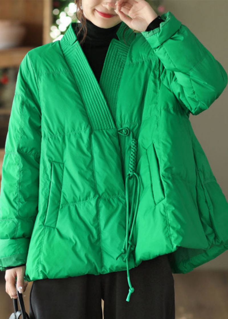 Stylowy Zielony Oversize'owy Orientalny Płaszcz Z Kaczym Puchem Z Dekoltem W Kształcie Litery V Zimowy - Kurtki puchowe damskie