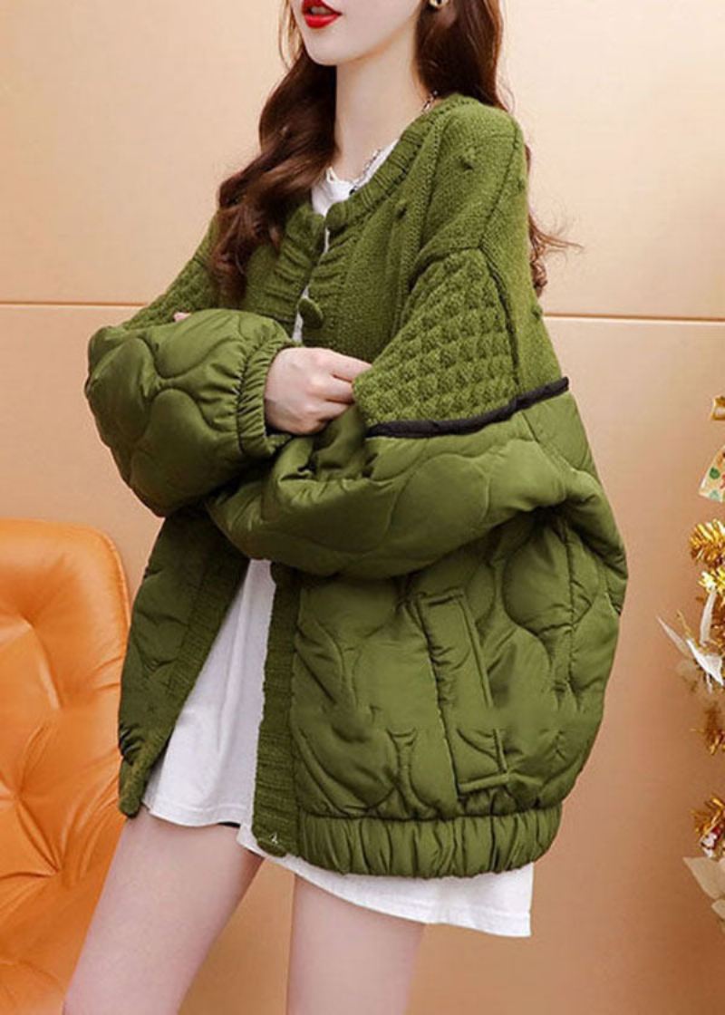 Stylowy Zielony Oversize'owy Patchworkowy Dzianinowy Kardigan Zimowy - Kurtki puchowe damskie