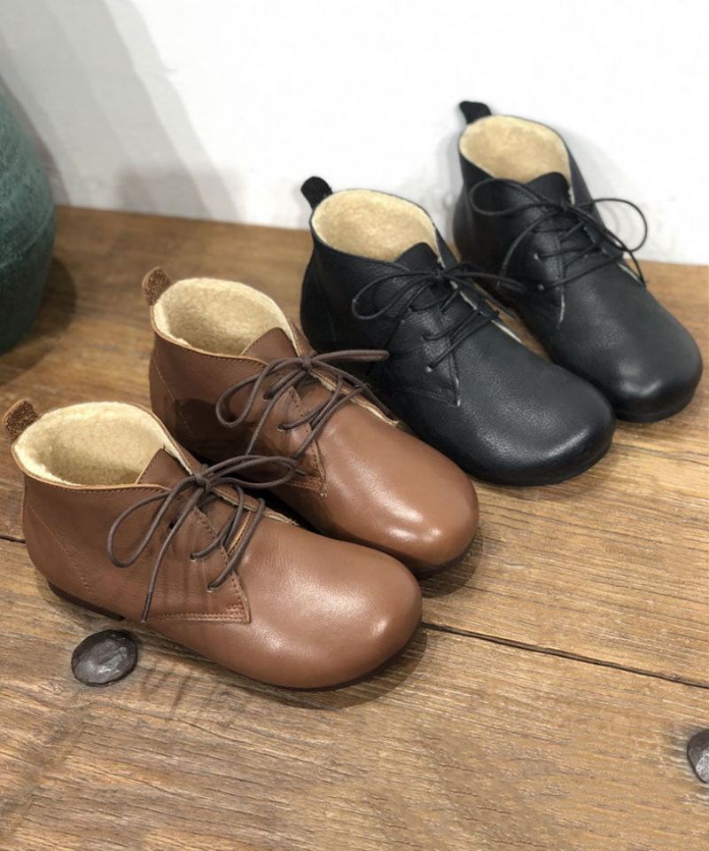 Czarne Płaskie Buty Dla Kobiet Zasznurowane Puszyste Z Podszewką Wełnianą