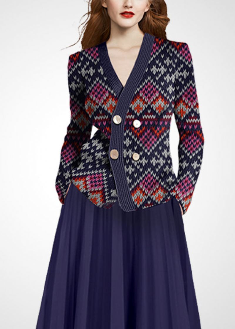 Fioletowo-czerwony Wełniany Dwuczęściowy Zestaw Odzież Damska V Neck Double Breast Winter - Płaszcze wełniane damskie