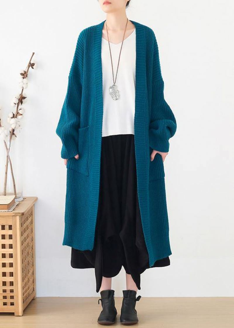 Oversize'owe Wiosenne Bluzy Dresowe Niebieskie Rozpinane Po Bokach Dzianinowe Swetry - Kardigany damskie