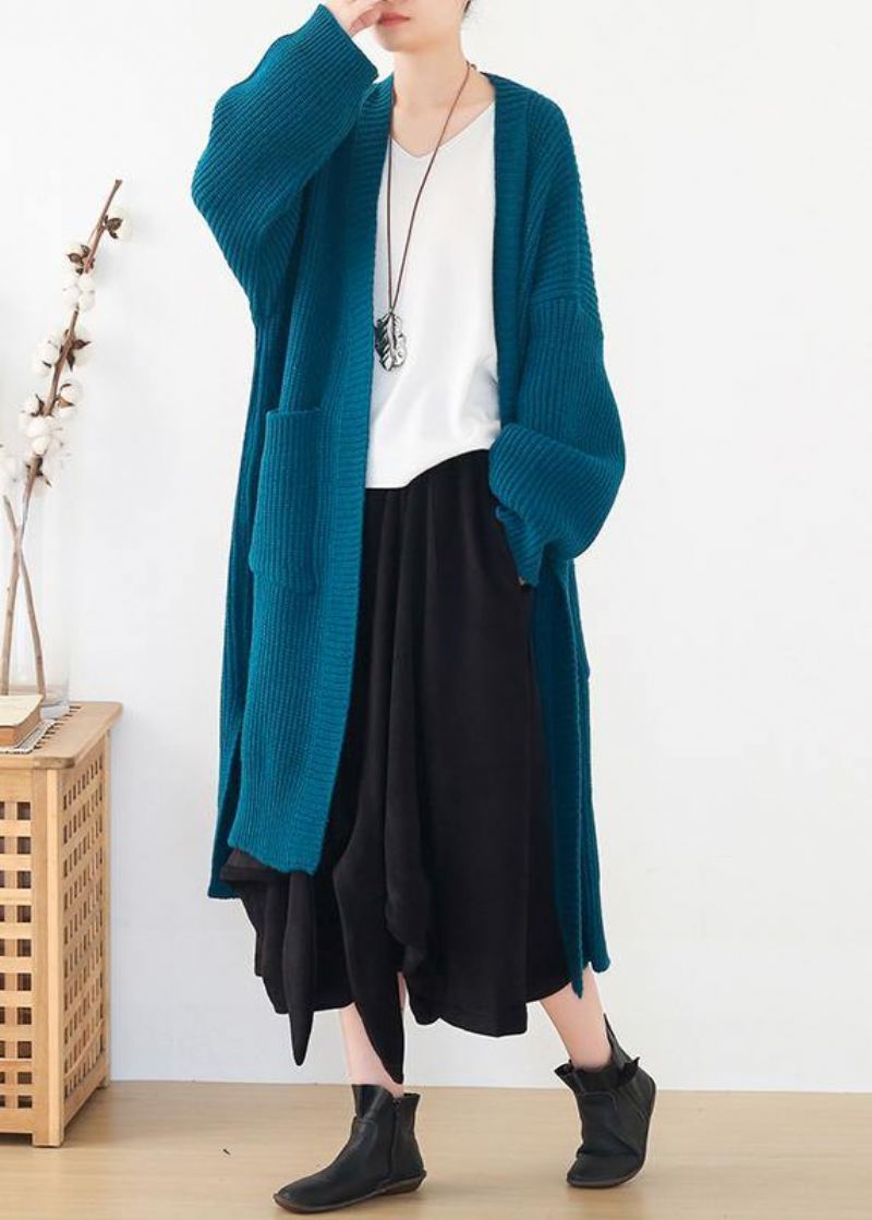 Oversize'owe Wiosenne Bluzy Dresowe Niebieskie Rozpinane Po Bokach Dzianinowe Swetry - Kardigany damskie