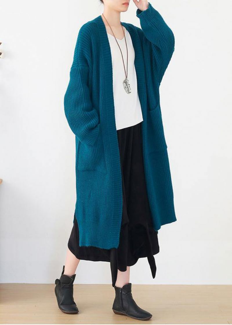 Oversize'owe Wiosenne Bluzy Dresowe Niebieskie Rozpinane Po Bokach Dzianinowe Swetry - Kardigany damskie