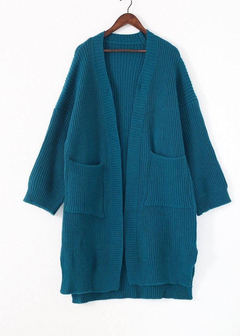 Oversize'owe Wiosenne Bluzy Dresowe Niebieskie Rozpinane Po Bokach Dzianinowe Swetry - Kardigany damskie