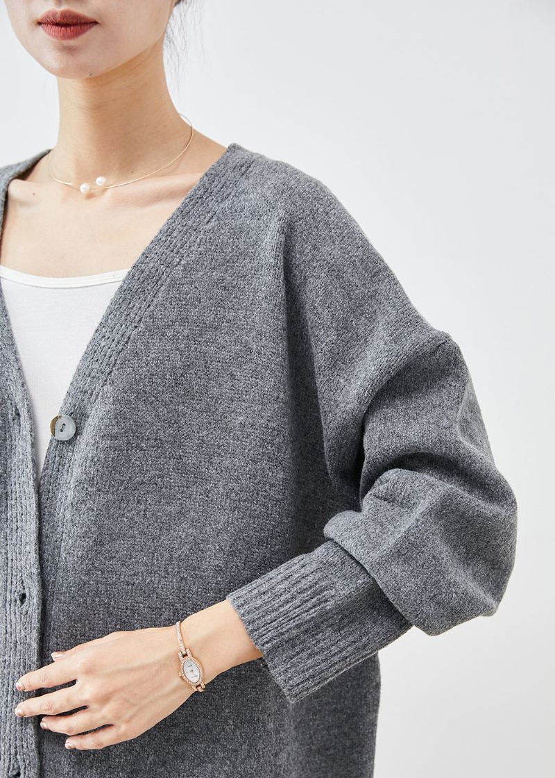 Plus Size Grafitowy Oversize'owy Dzianinowy Kardigan Zapinany Na Guziki Jesienny - Kardigany damskie