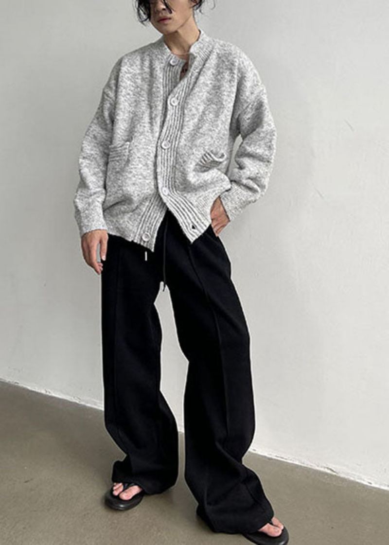 Plus Size Szare Męskie Swetry Rozpinane Ze Stójką Oversize Przytulne Wełniane Zimowe - Kardigany damskie