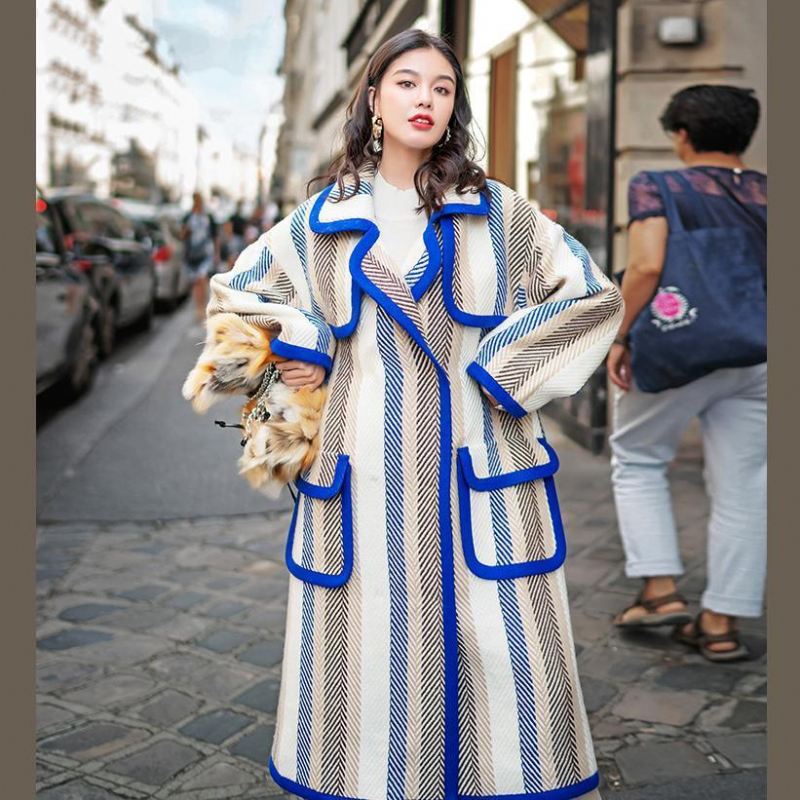 Butikowy Długi Płaszcz W Paski Modny Plus Size Trencz Z Nacięciami Delikatne Kieszenie Zimowy