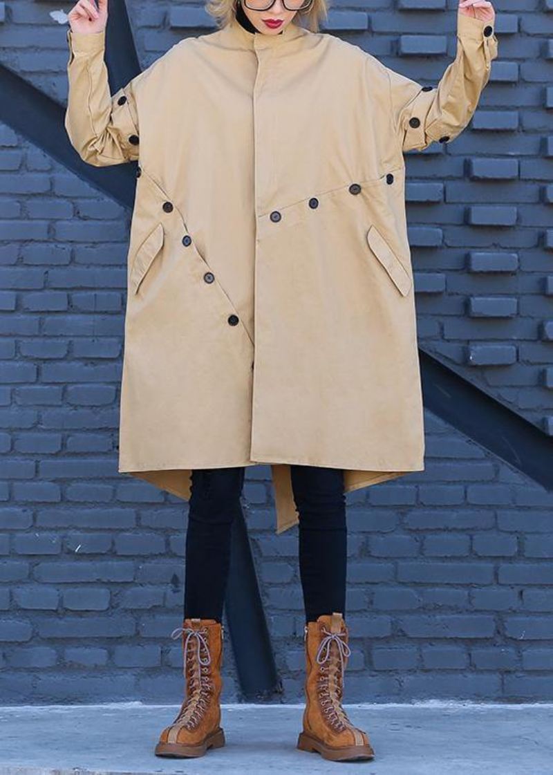 Elegancki Płaszcz Khaki Damski Plus Size Średniej Długości Asymetryczny Ze Stójką - Khaki