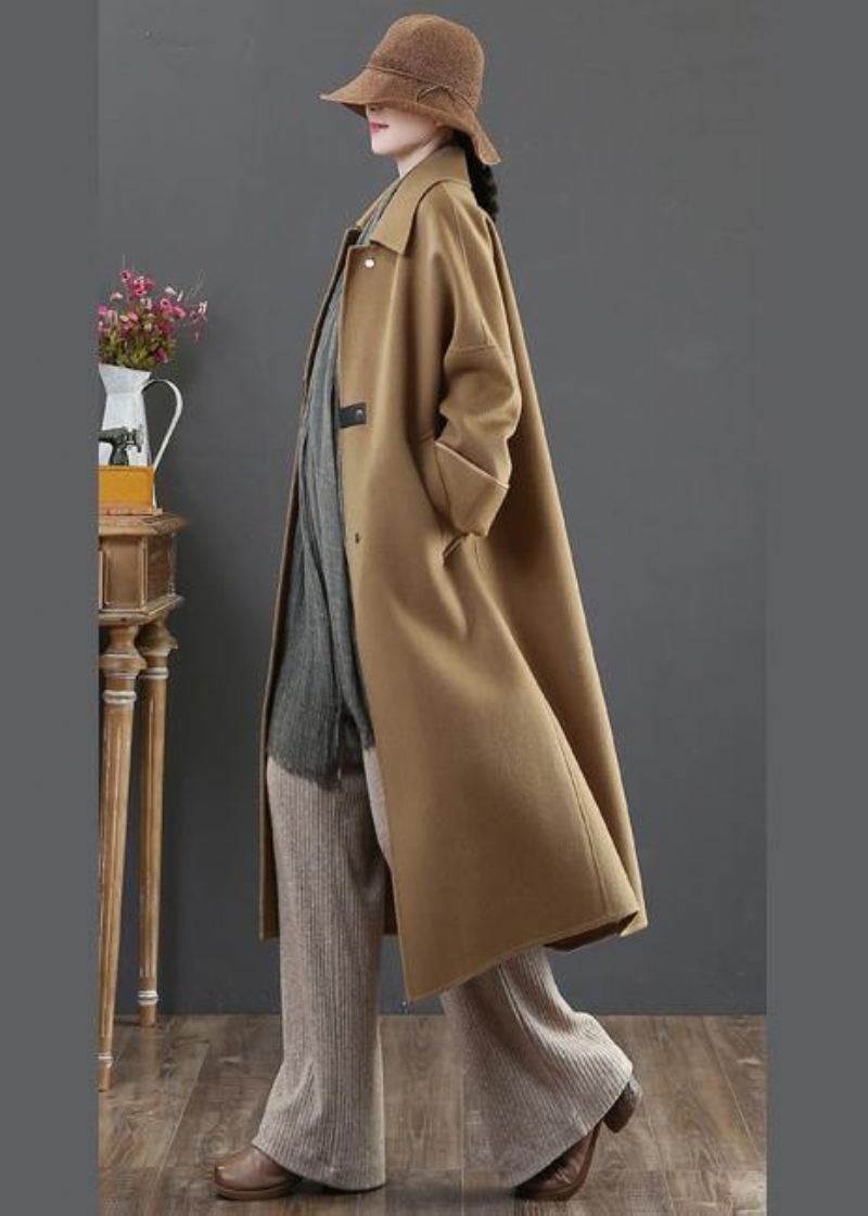 Eleganckie Płaszcze Oversize Zimowe Wełniane Znosić Brązowe Kieszenie Z Klapami Wełniany Płaszcz Damski - Brązowy