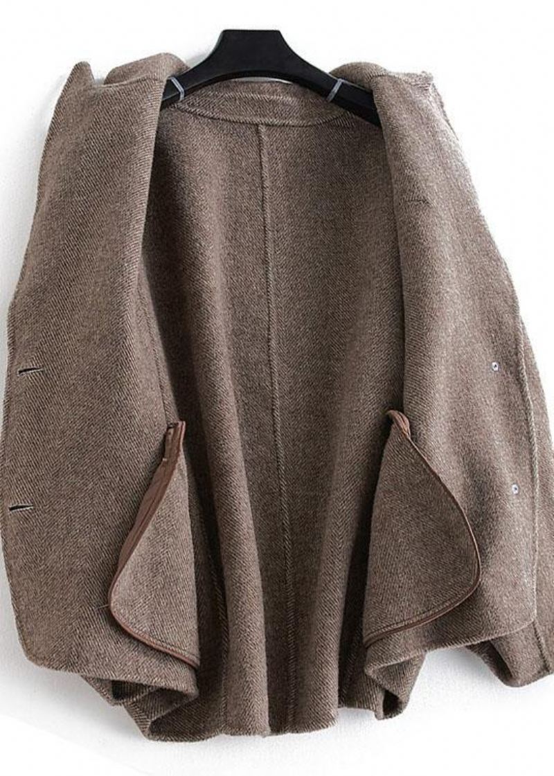 Luksusowy Płaszcz Z Wełny W Kolorze Czekoladowym Modny Plus Size Płaszcze Damskie Zapinane Na Guziki - Płaszcze trenczowe damskie