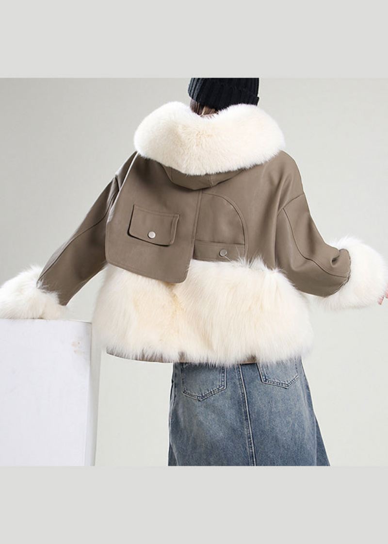 Boho Khaki Patchworkowy Płaszcz Ze Sztucznej Skóry Z Kapturem Zimowy - Płaszcze zimowe damskie