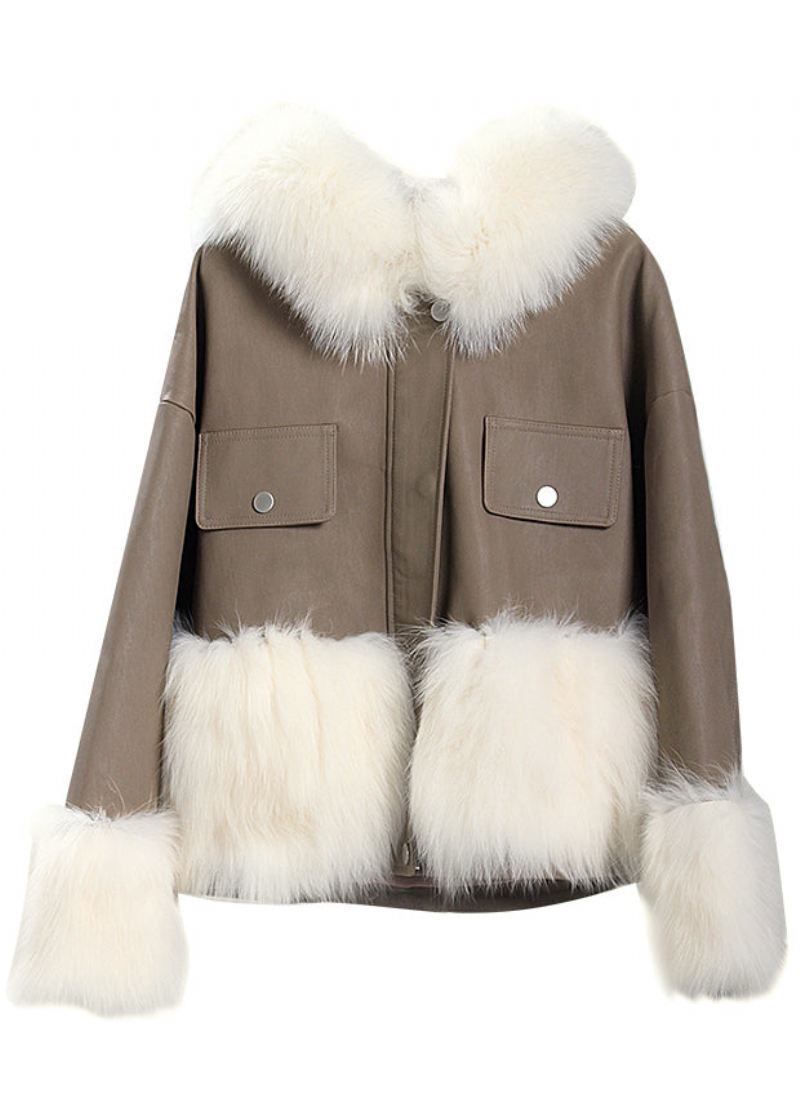 Boho Khaki Patchworkowy Płaszcz Ze Sztucznej Skóry Z Kapturem Zimowy - Płaszcze zimowe damskie
