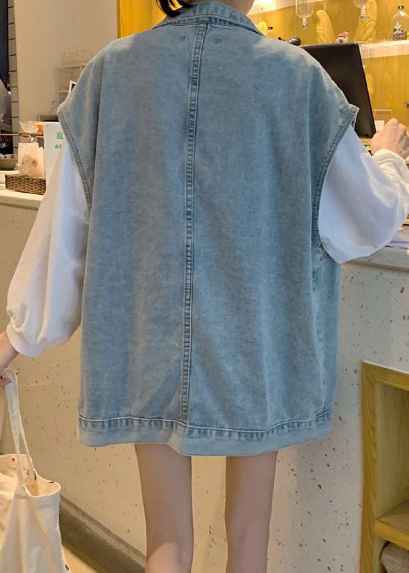Diy Denim Niebieski Piotruś Pan Kołnierzyk Kieszenie Patchworkowa Kamizelka Bez Rękawów - Płaszcze zimowe damskie