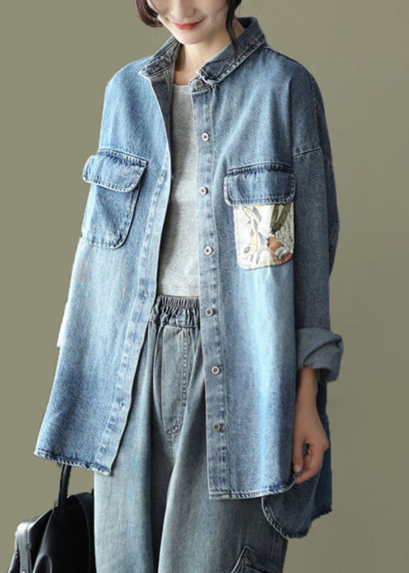 Niebieskie Kieszenie Z Nadrukiem Patchwork Denim Płaszcze Z Kołnierzykiem Piotruś Pan Wiosna - Płaszcze zimowe damskie