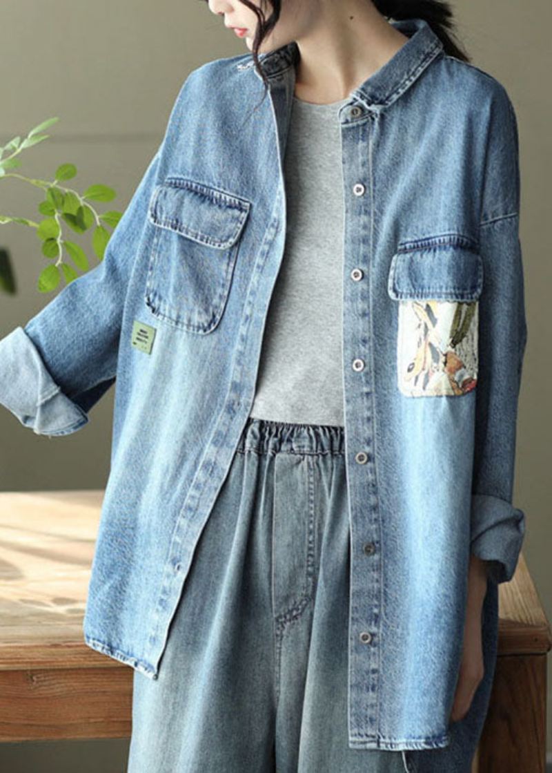 Niebieskie Kieszenie Z Nadrukiem Patchwork Denim Płaszcze Z Kołnierzykiem Piotruś Pan Wiosna - Płaszcze zimowe damskie