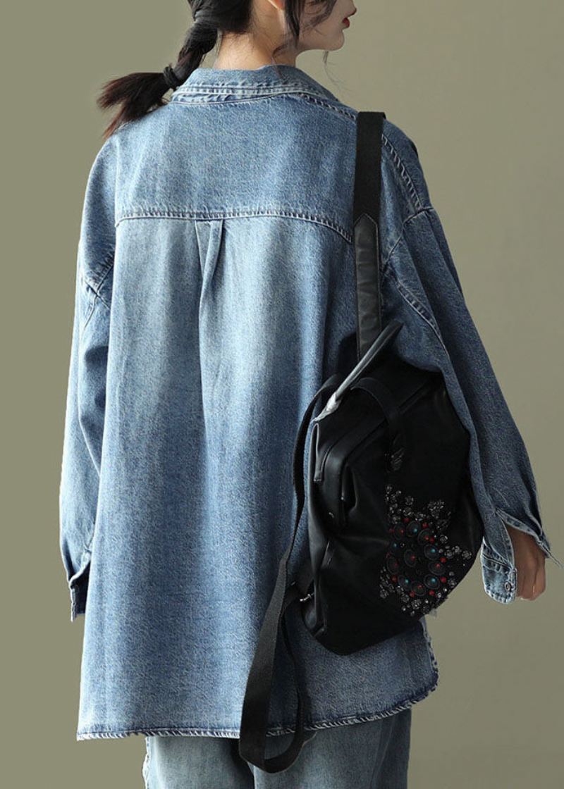 Niebieskie Kieszenie Z Nadrukiem Patchwork Denim Płaszcze Z Kołnierzykiem Piotruś Pan Wiosna - Płaszcze zimowe damskie