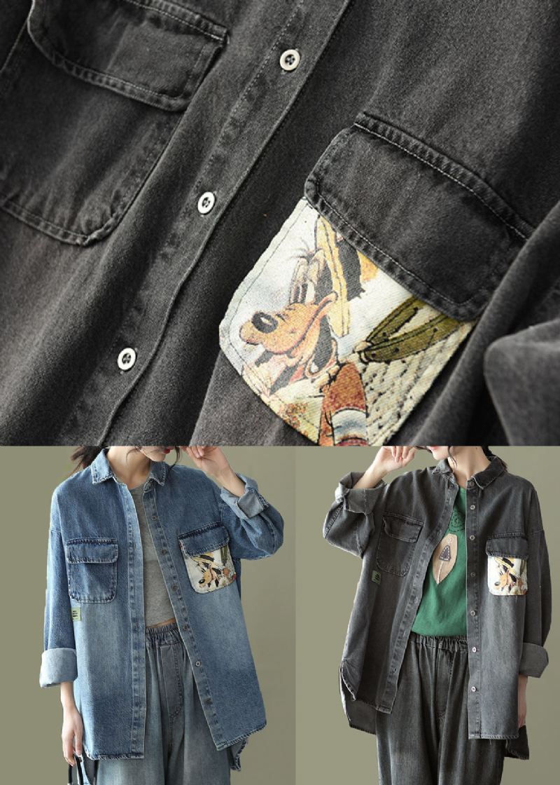 Niebieskie Kieszenie Z Nadrukiem Patchwork Denim Płaszcze Z Kołnierzykiem Piotruś Pan Wiosna - Płaszcze zimowe damskie