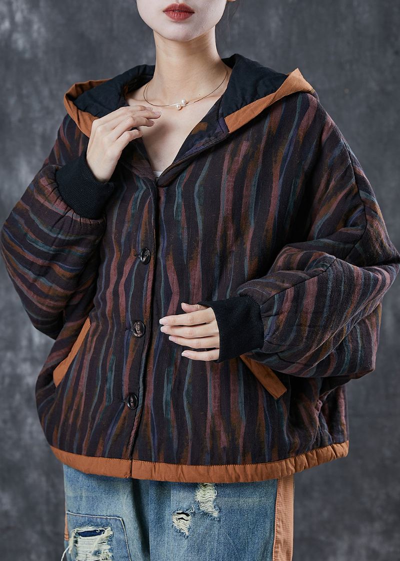 Plus Size Czarna Oversize'owa Kurtka Wiosenna W Paski Z Delikatnej Bawełny - Płaszcze zimowe damskie