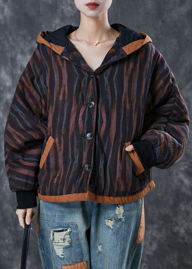 Plus Size Czarna Oversize'owa Kurtka Wiosenna W Paski Z Delikatnej Bawełny - Płaszcze zimowe damskie
