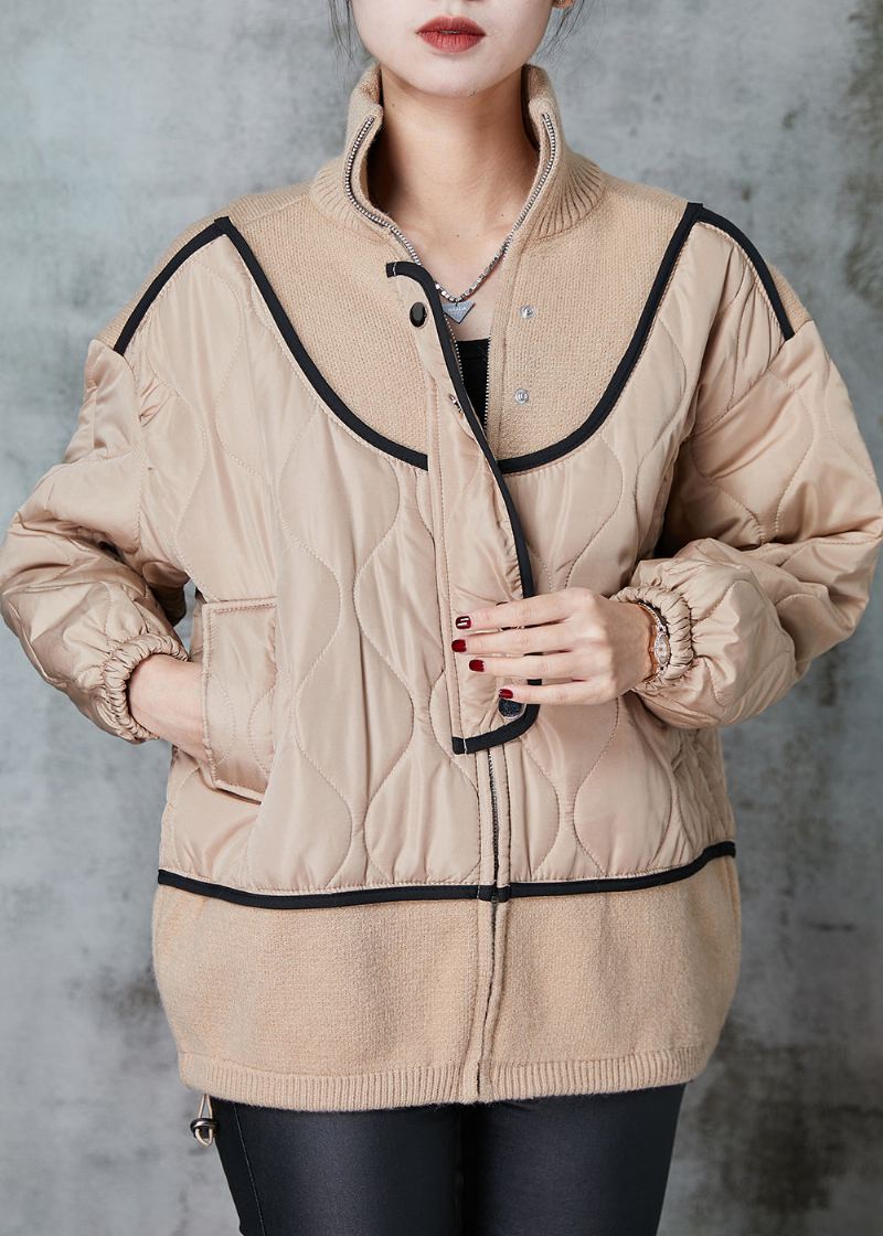 Plus Size Khaki Płaszcze Ze Stójką Patchworkową Dzianiną Delikatne Bawełniane Wiosenne - Płaszcze zimowe damskie