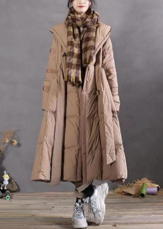 Plus Size Khaki Z Kapturem I Wiązaniem W Talii Patchworkowy Długi Płaszcz Zimowy